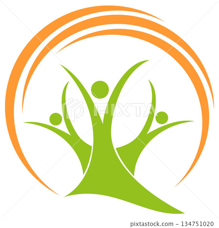 Three people, humans and sun, family, team logo, icon 134751020