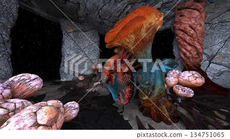 A cave with strange plants growing in it 134751065