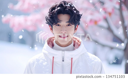 A handsome, smiling young Asian man with stylish dark curly hair wears a cozy white hooded winter jacket and turtleneck sweater outdoors in a soft, snowy environment 134751103