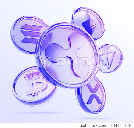 3d glass holographic cryptocurrency coins - xrp ripple, solana, ethereum, bitcoin and toncoin flying on purple background. Digital currency, altcoins, money tokens for crypto exchange. 3D illustration 134751106