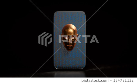 Artificial Intelligence Face Emerging from Secure Smartphone Screen 3d render. 134751132