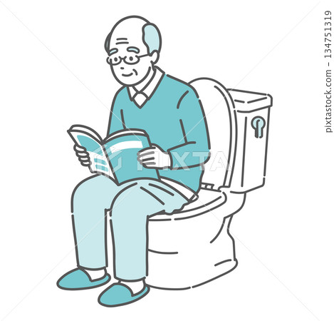 Illustration of an elderly man reading a book in the toilet (reading, staying too long, causes hemorrhoids) 134751319