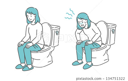 Before and after illustration of a woman sitting on the toilet (comfortable bowel movements and constipation, menstrual pain, comparison, improvement) 134751322