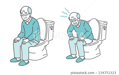 一位老年男子坐在馬桶上的前後對比圖（比較規律排便、便秘和攝護腺增生） 134751323