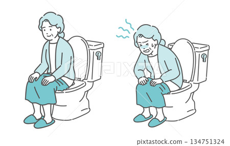 Before and after illustration of an elderly woman sitting on the toilet (comparison of regular bowel movements and constipation, heat shock) 134751324