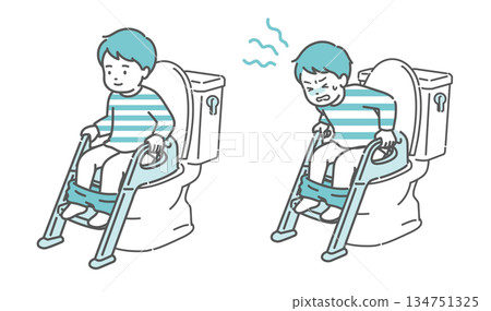 男孩坐在馬桶上的前後對比圖（排便順暢與便秘、如廁訓練、對比） 134751325