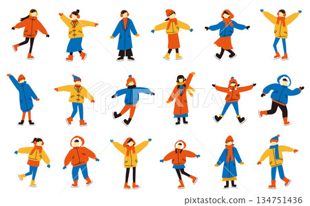 一組滑冰人物的扁平化插畫。 134751436