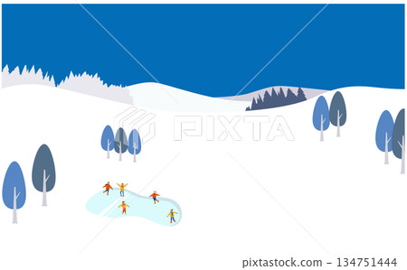 背景插圖展現了廣闊的冬季自然風光和滑冰的人們。 背景插圖展現了廣闊的冬季自然風光和滑冰的人們。 134751444