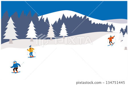 背景插圖描繪了滑雪者在純白的斜坡上玩耍的場景。 134751445