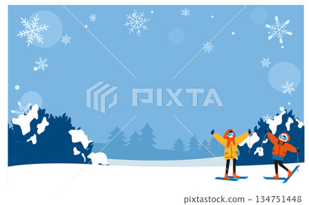 Snow country people and winter background frame illustration Snow country people and winter background frame illustration 134751448