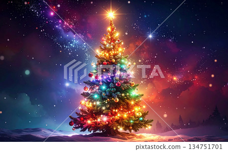 背景是一棵華麗的聖誕樹，上面掛滿了五彩繽紛的裝飾品和彩燈，閃閃發光。 134751701