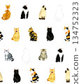 Seamless pattern of cute sitting cats. Hand-drawn watercolor illustration background material for animals and pets. 134752323
