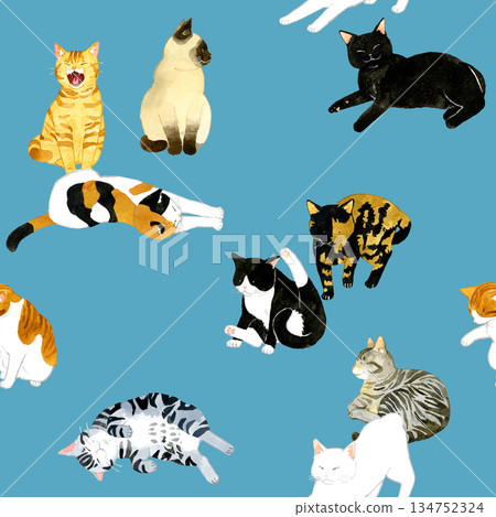 Cute cats seamless pattern - Animals and pets hand-drawn watercolor illustration background material 134752324