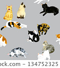 Cute cats seamless pattern - Animals and pets hand-drawn watercolor illustration background material 134752325