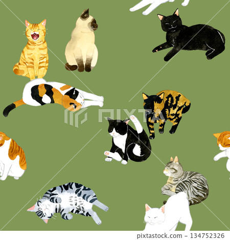 Cute cats seamless pattern - Animals and pets hand-drawn watercolor illustration background material 134752326