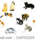 Cute cats seamless pattern - Animals and pets hand-drawn watercolor illustration background material 134752329