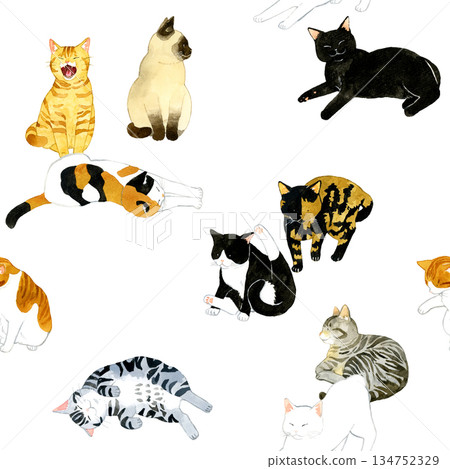 可愛貓咪無縫圖案 - 動物和寵物手繪水彩插畫背景素材 可愛貓咪無縫圖案 - 動物和寵物手繪水彩插畫背景素材 134752329