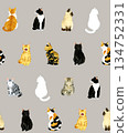 Seamless pattern of cute sitting cats. Hand-drawn watercolor illustration background material for animals and pets. 134752331