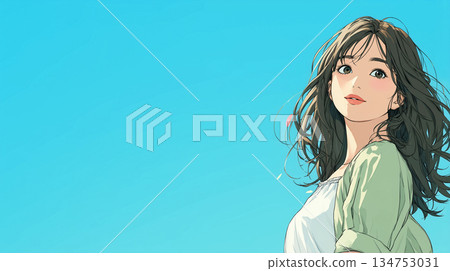 Illustration of a woman feeling the wind with a blue sky behind her | Spring/Summer visual material depicting a sense of refreshment and hope 134753031
