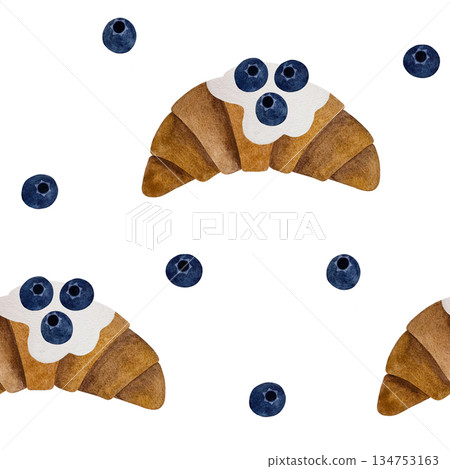 This seamless watercolor pattern features delightful croissants topped with cream and fresh blueberries on a crisp white background. This seamless watercolor pattern features delightful croissants topped with cream and fresh blueberries on a crisp white background. 134753163