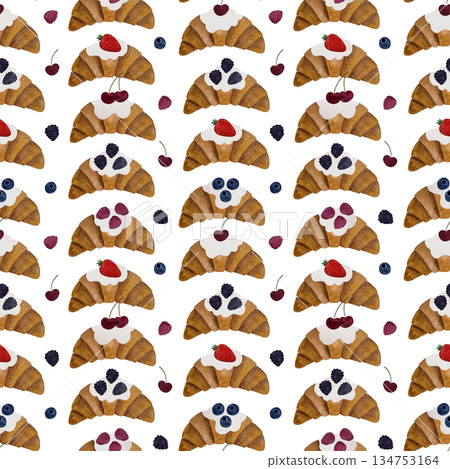 This seamless watercolor pattern features delicious croissants topped with cream and accompanied by various berries on a clean white background. This seamless watercolor pattern features delicious croissants topped with cream and accompanied by various berries on a clean white background. 134753164