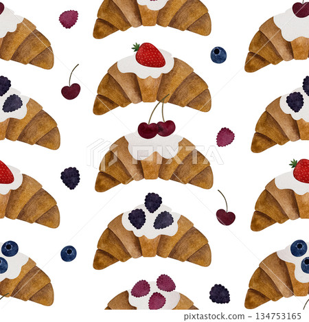 This seamless watercolor pattern features delicious croissants topped with cream and accompanied by various berries on a clean white background. This seamless watercolor pattern features delicious croissants topped with cream and accompanied by various berries on a clean white background. 134753165