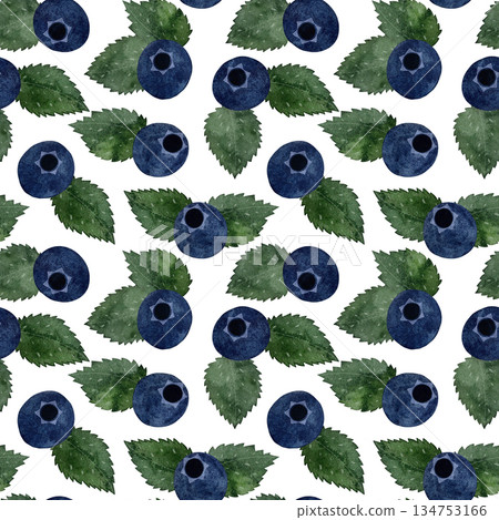 This seamless watercolor pattern features vibrant blue blueberries paired with fresh green mint leaves on a white background. This seamless watercolor pattern features vibrant blue blueberries paired with fresh green mint leaves on a white background. 134753166