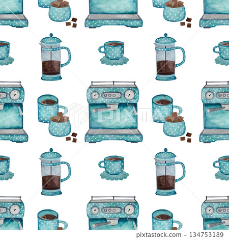 This seamless watercolor pattern showcases a coffee theme in turquoise tones, featuring coffee machines, coffee cups, French presses, and sugar bowls on a white background. This seamless watercolor pattern showcases a coffee theme in turquoise tones, featuring coffee machines, coffee cups, French presses, and sugar bowls on a white background. 134753189