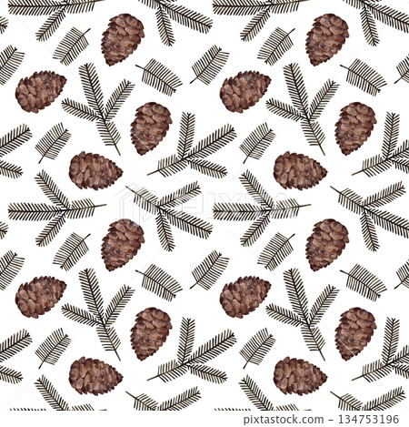 Watercolor Seamless Pattern of Pine Cones and Evergreen Branches on White Background Watercolor Seamless Pattern of Pine Cones and Evergreen Branches on White Background 134753196