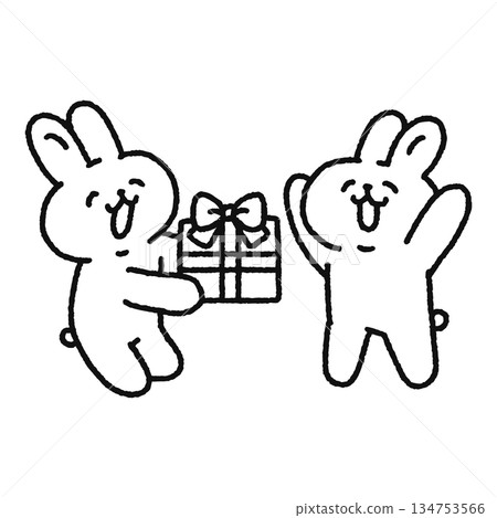 Smiling rabbit giving a present - line drawing 134753566