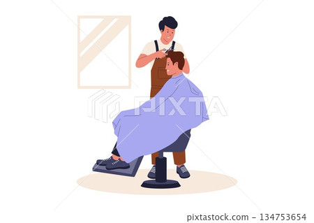 Illustration of Professional Barber Cutting Hair for Male Client in Modern Barbershop Illustration of Professional Barber Cutting Hair for Male Client in Modern Barbershop 134753654