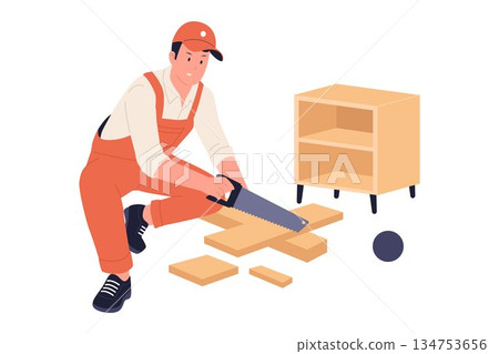 Illustration of Carpenter Sawing Wood Plank for Custom Furniture Making in Workshop 134753656