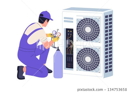 Professional HVAC Technician Repairing Outdoor Air Conditioning Unit with Tools 134753658