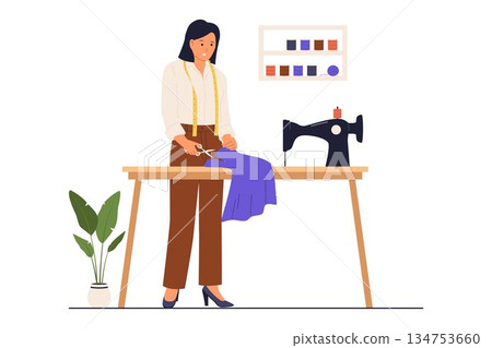 Illustration of Professional Seamstress Cutting Fabric at Tailor Workshop with Sewing Machine 134753660