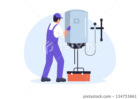 Illustration of Plumber Installing Modern Electric Water Heater System in Residential House 134753661