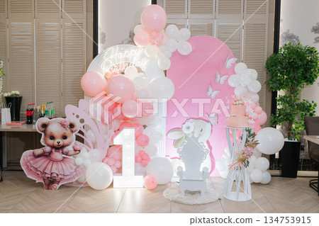 This Beautiful Pink and White Birthday Setup Features an Exquisite Arrangement of Colorful Balloons and Adorable Cute Characters, Perfectly Designed for an Unforgettable First Birthday Celebration This Beautiful Pink and White Birthday Setup Features an Exquisite Arrangement of Colorful Balloons and Adorable Cute Characters, Perfectly Designed for an Unforgettable First Birthday Celebration 134753915