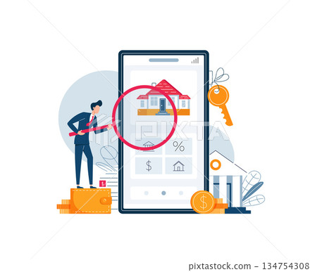 Home appraisal online, Banker is doing property inspection of a house, holding a magnifying glass. Real estate valuation 134754308
