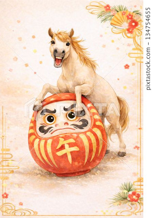 New Year's lucky charm: Japanese-style illustration background of a horse riding a Daruma doll (with Daruma eyes) 134754655