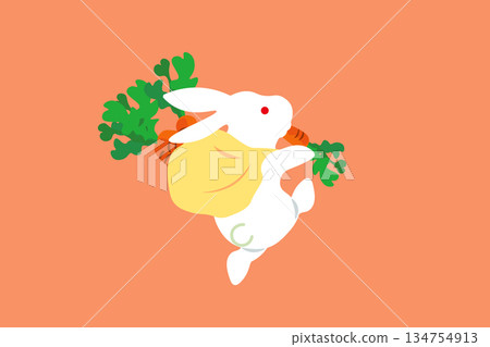An illustration of a white rabbit carrying a carrot on its back and running while eating it 134754913