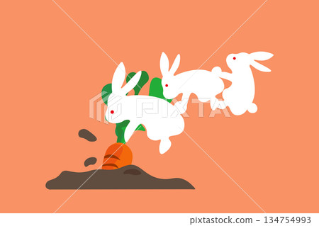 An illustration of three white rabbits trying to dig up carrots from a field 134754993