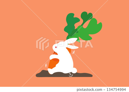 一幅插圖描繪了一隻白兔在田裡挖胡蘿蔔時摔倒在地。 一幅插圖描繪了一隻白兔在田裡挖胡蘿蔔時摔倒在地。 134754994
