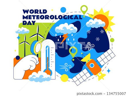 World Meteorological Day Vector Illustration on March 23 Featuring Earth Map Meteorological Science Weather Research Flat Style Background World Meteorological Day Vector Illustration on March 23 Featuring Earth Map Meteorological Science Weather Research Flat Style Background 134755007