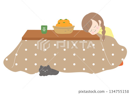 A cute Japanese winter illustration of a girl and cat napping in a kotatsu A cute Japanese winter illustration of a girl and cat napping in a kotatsu 134755158