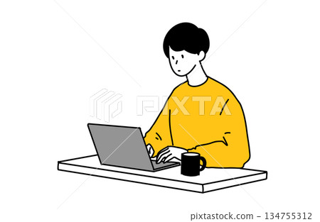 Illustration of a young man working on a computer Line drawing Simple Illustration of a young man working on a computer Line drawing Simple 134755312