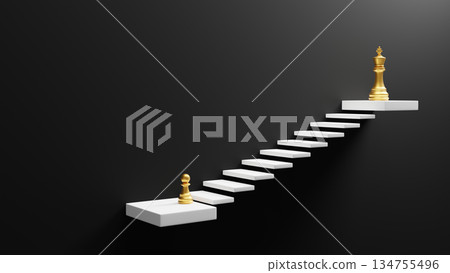 Golden king and pawn chess pieces on white stairs leading to success with copy space 3D render 134755496