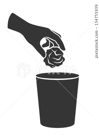 一隻手將東西丟進垃圾桶的剪影圖標 134755939
