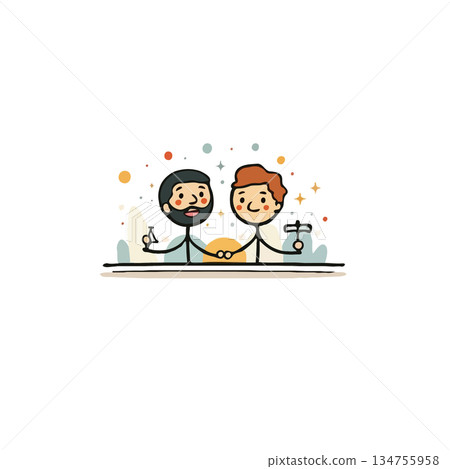 Two stick figure scientists collaborate on an experiment fostering scientific partnerships and Two stick figure scientists collaborate on an experiment fostering scientific partnerships and 134755958