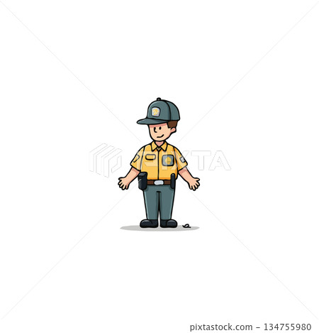 Cartoon drawing of a young uniformed officer standing with neutral expression in front of plain 134755980