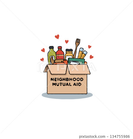 Community support box filled with essential goods symbolizes neighborhood mutual assistance and 134755986