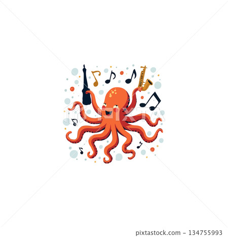 Delightful orange octopus musician surrounded by musical notes holding saxophone and clarinet Delightful orange octopus musician surrounded by musical notes holding saxophone and clarinet 134755993